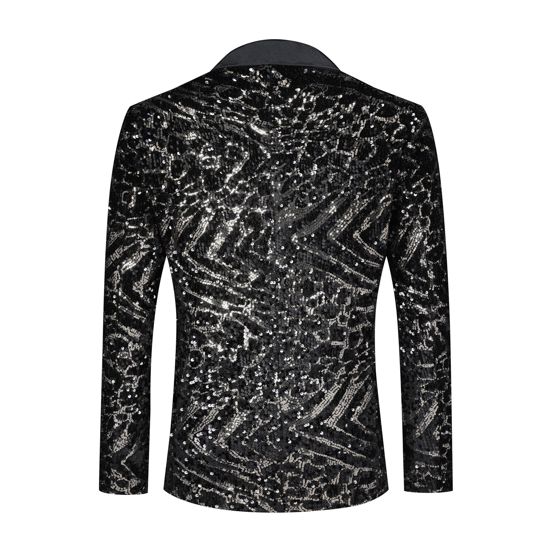 Black # Men's slim fit one-button sequin blazer with striped pattern and single-breasted closure, shiny black sparkle suit jacket with matching bow tie for party, prom, wedding, stage performance and celebration events, isolated on white background.