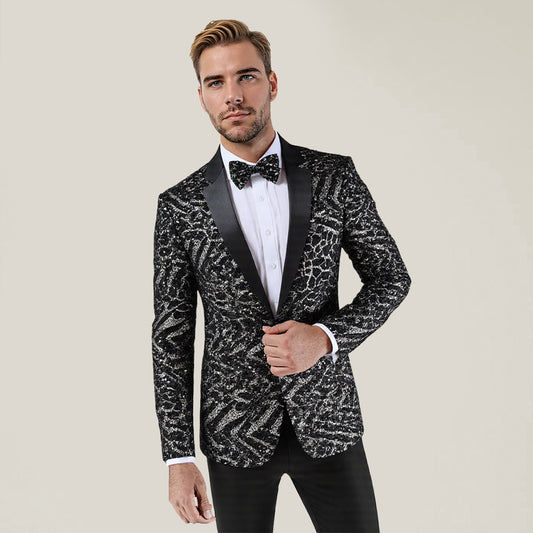 Black # Men's slim fit one-button sequin blazer with striped pattern and single-breasted closure, shiny black sparkle suit jacket with matching bow tie for party, prom, wedding, stage performance and celebration events, isolated on white background.