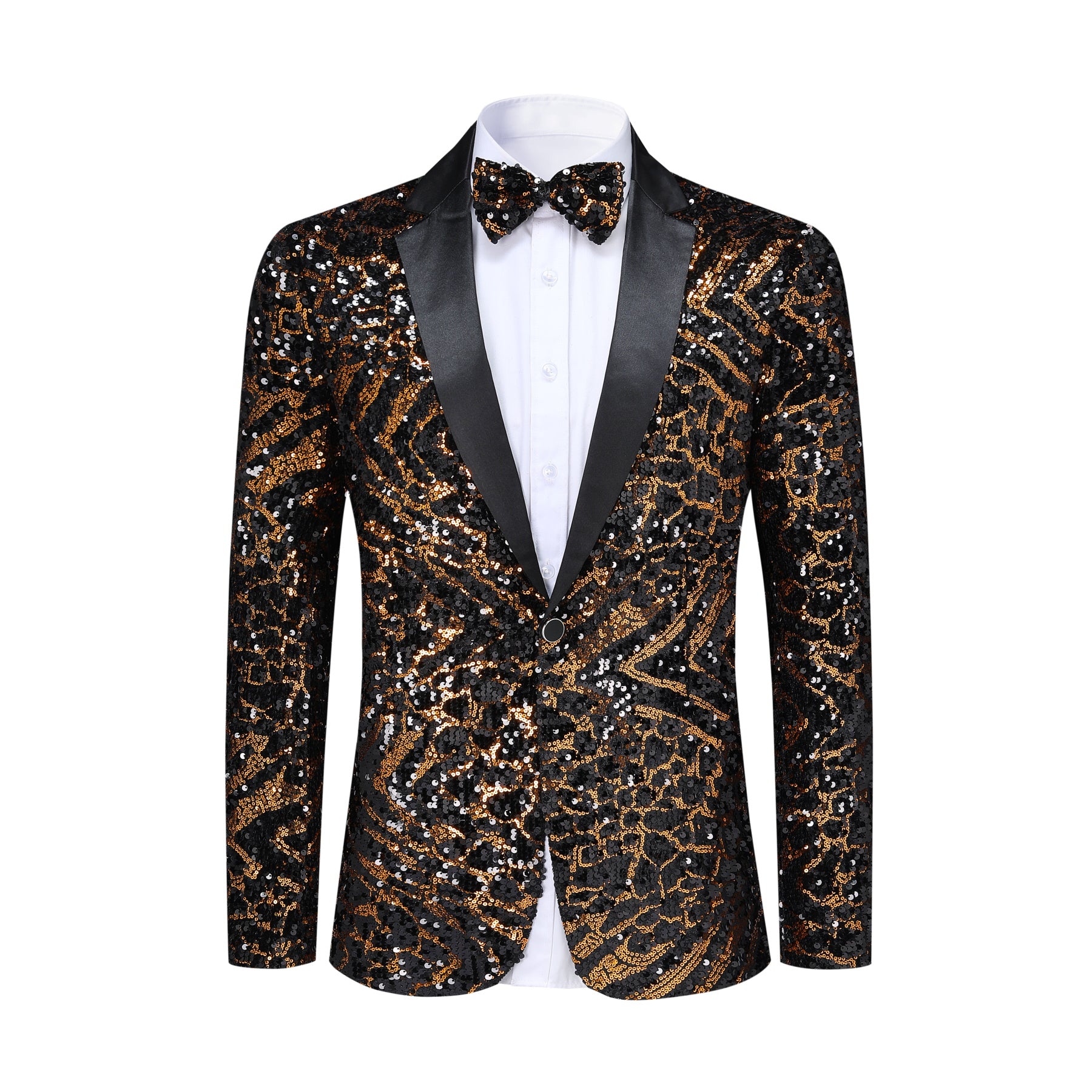 Gold # Men's one-button striped sequin blazer, slim fit shiny gold sport coat jacket with premium sequin fabric and glossy finish, sparkling party tuxedo for wedding, prom, stage performance and club events, includes matching bow tie, isolated on white background.