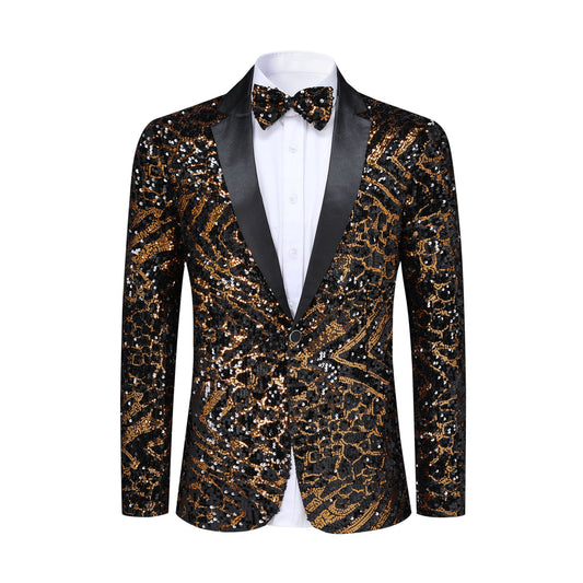 Gold # Men's one-button striped sequin blazer, slim fit shiny gold sport coat jacket with premium sequin fabric and glossy finish, sparkling party tuxedo for wedding, prom, stage performance and club events, includes matching bow tie, isolated on white background.