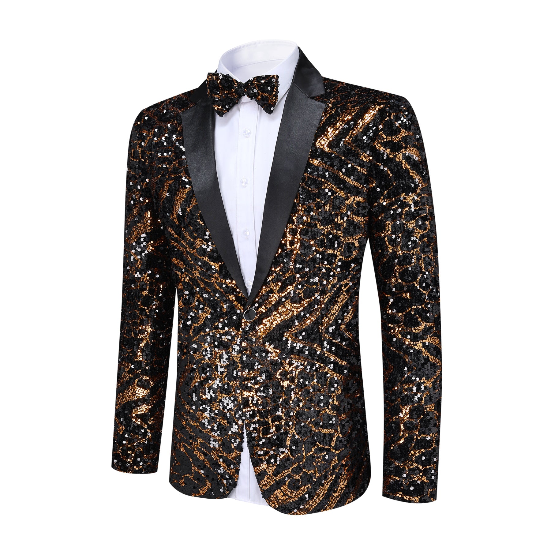 Gold # Men's one-button striped sequin blazer, slim fit shiny gold sport coat jacket with premium sequin fabric and glossy finish, sparkling party tuxedo for wedding, prom, stage performance and club events, includes matching bow tie, isolated on white background.