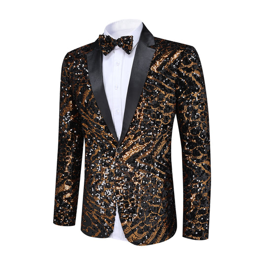 Gold # Men's one-button striped sequin blazer, slim fit shiny gold sport coat jacket with premium sequin fabric and glossy finish, sparkling party tuxedo for wedding, prom, stage performance and club events, includes matching bow tie, isolated on white background.