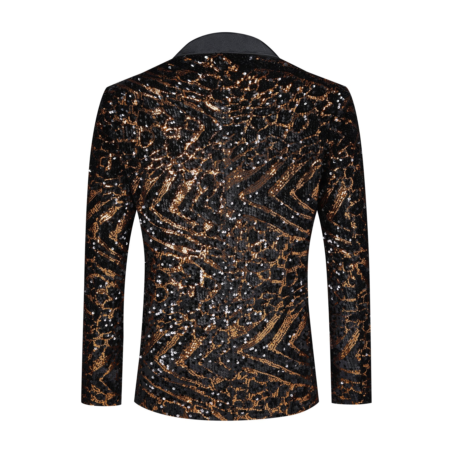 Gold # Men's one-button striped sequin blazer, slim fit shiny gold sport coat jacket with premium sequin fabric and glossy finish, sparkling party tuxedo for wedding, prom, stage performance and club events, includes matching bow tie, isolated on white background.
