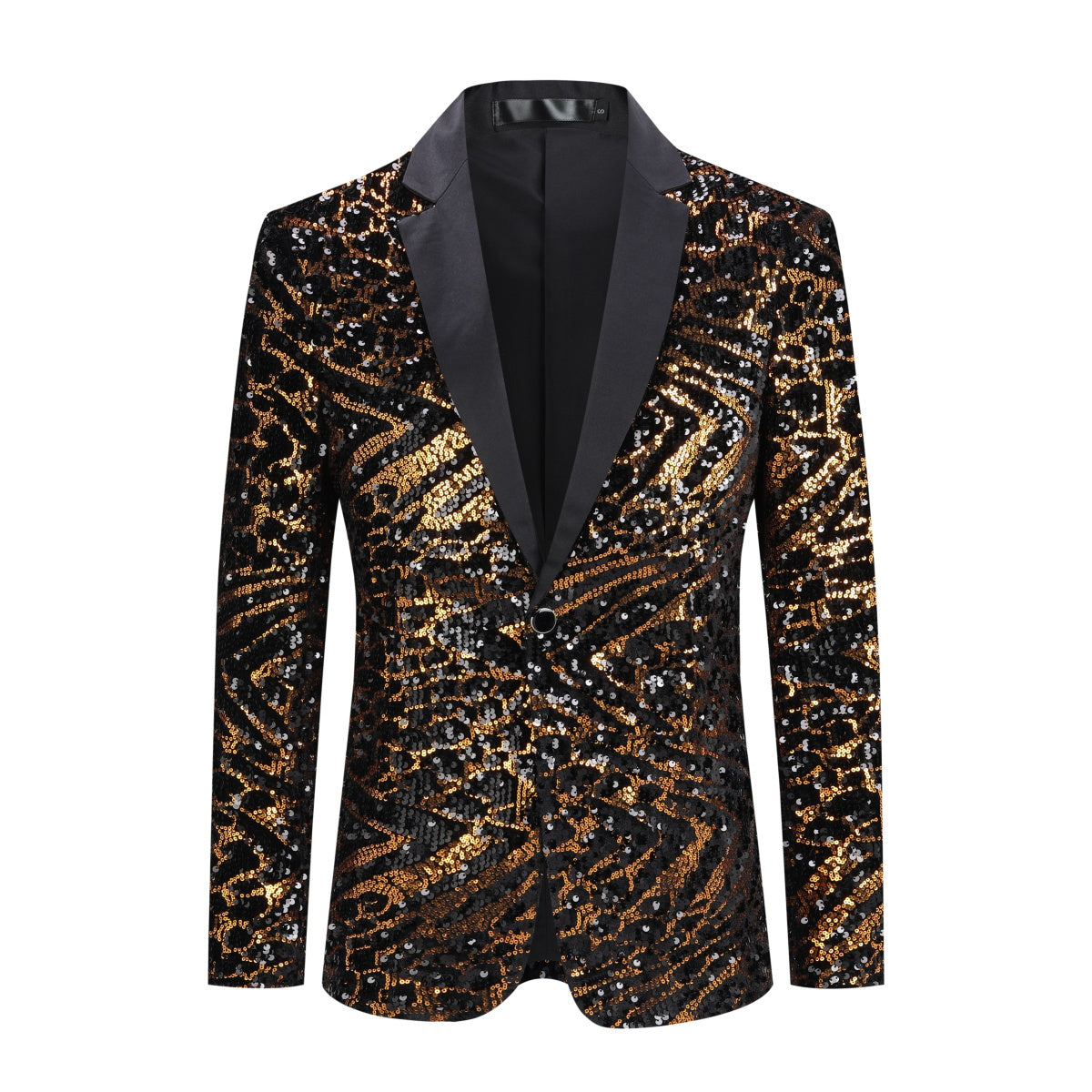 Gold # Men's one-button striped sequin blazer, slim fit shiny gold sport coat jacket with premium sequin fabric and glossy finish, sparkling party tuxedo for wedding, prom, stage performance and club events, includes matching bow tie, isolated on white background.