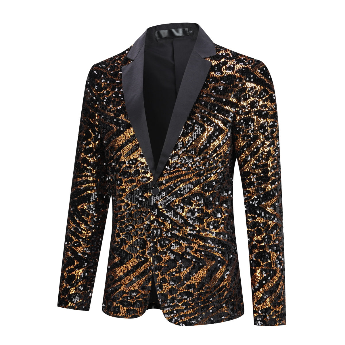 Gold # Men's one-button striped sequin blazer, slim fit shiny gold sport coat jacket with premium sequin fabric and glossy finish, sparkling party tuxedo for wedding, prom, stage performance and club events, includes matching bow tie, isolated on white background.