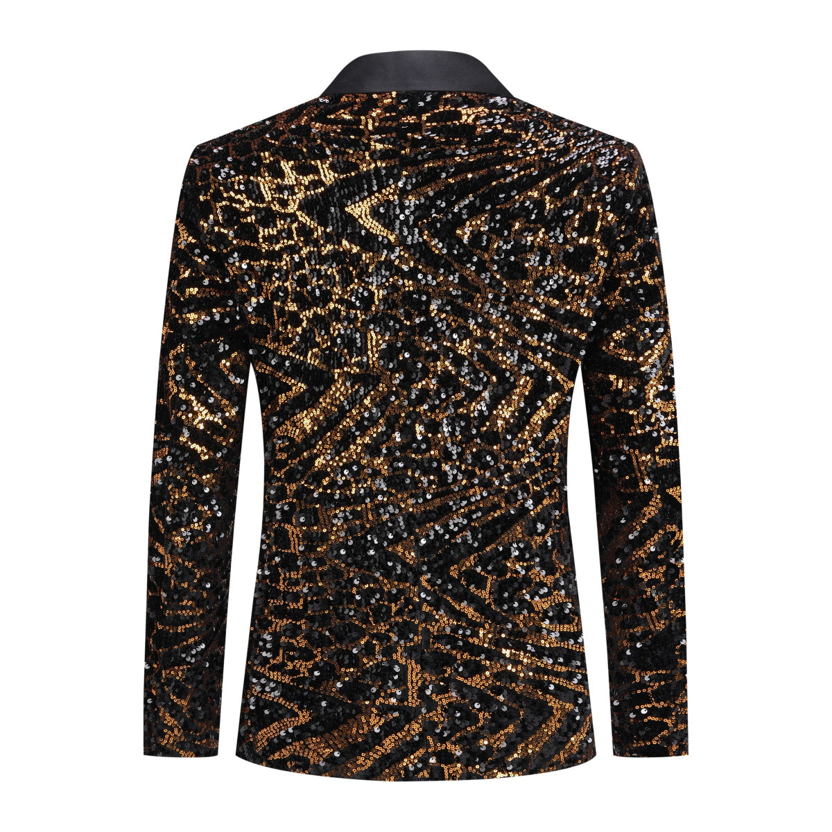 Gold # Men's one-button striped sequin blazer, slim fit shiny gold sport coat jacket with premium sequin fabric and glossy finish, sparkling party tuxedo for wedding, prom, stage performance and club events, includes matching bow tie, isolated on white background.