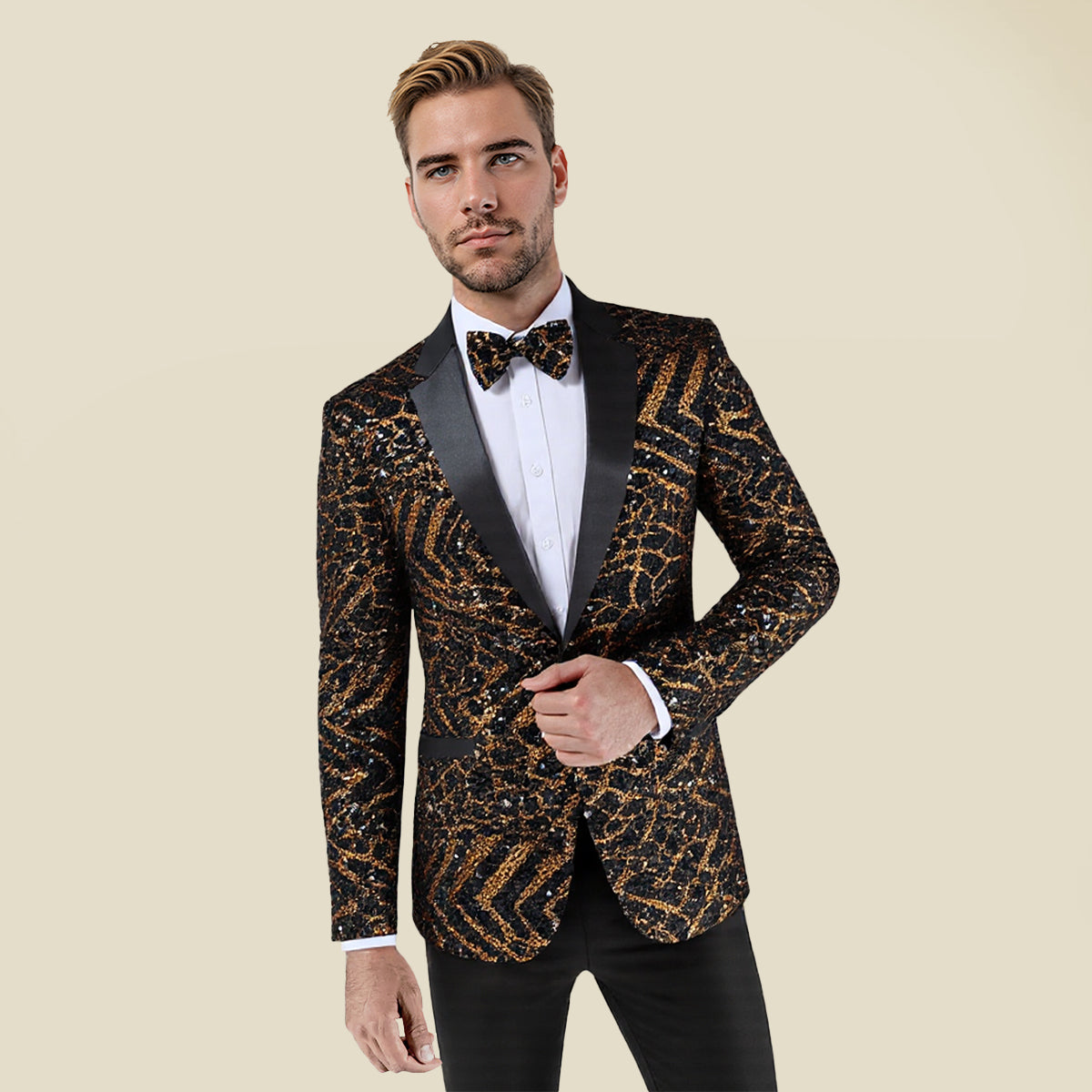 Gold # Men's one-button striped sequin blazer, slim fit shiny gold sport coat jacket with premium sequin fabric and glossy finish, sparkling party tuxedo for wedding, prom, stage performance and club events, includes matching bow tie, isolated on white background.