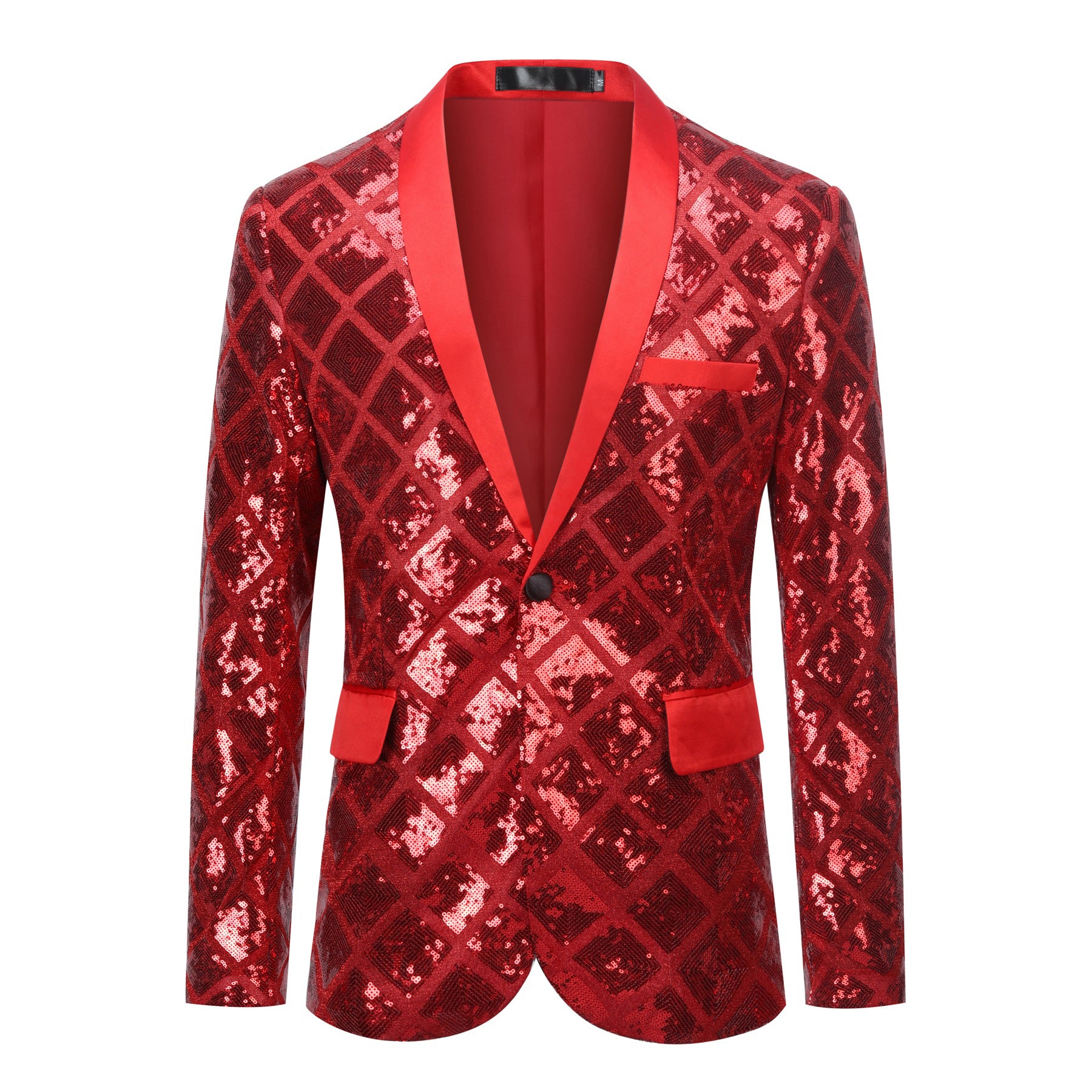 Red # Men's one-button plaid sequin blazer, slim fit shimmer suit jacket with notched lapel and classic plaid sequin pattern, shiny red blazer for party, stage performance, prom, wedding and club events, isolated on white background.