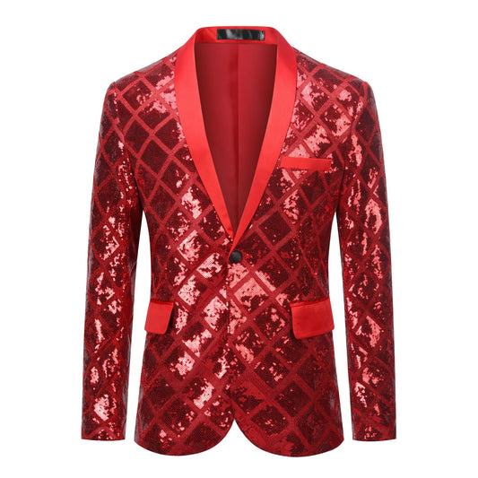 Red # Men's one-button plaid sequin blazer, slim fit shimmer suit jacket with notched lapel and classic plaid sequin pattern, shiny red blazer for party, stage performance, prom, wedding and club events, isolated on white background.