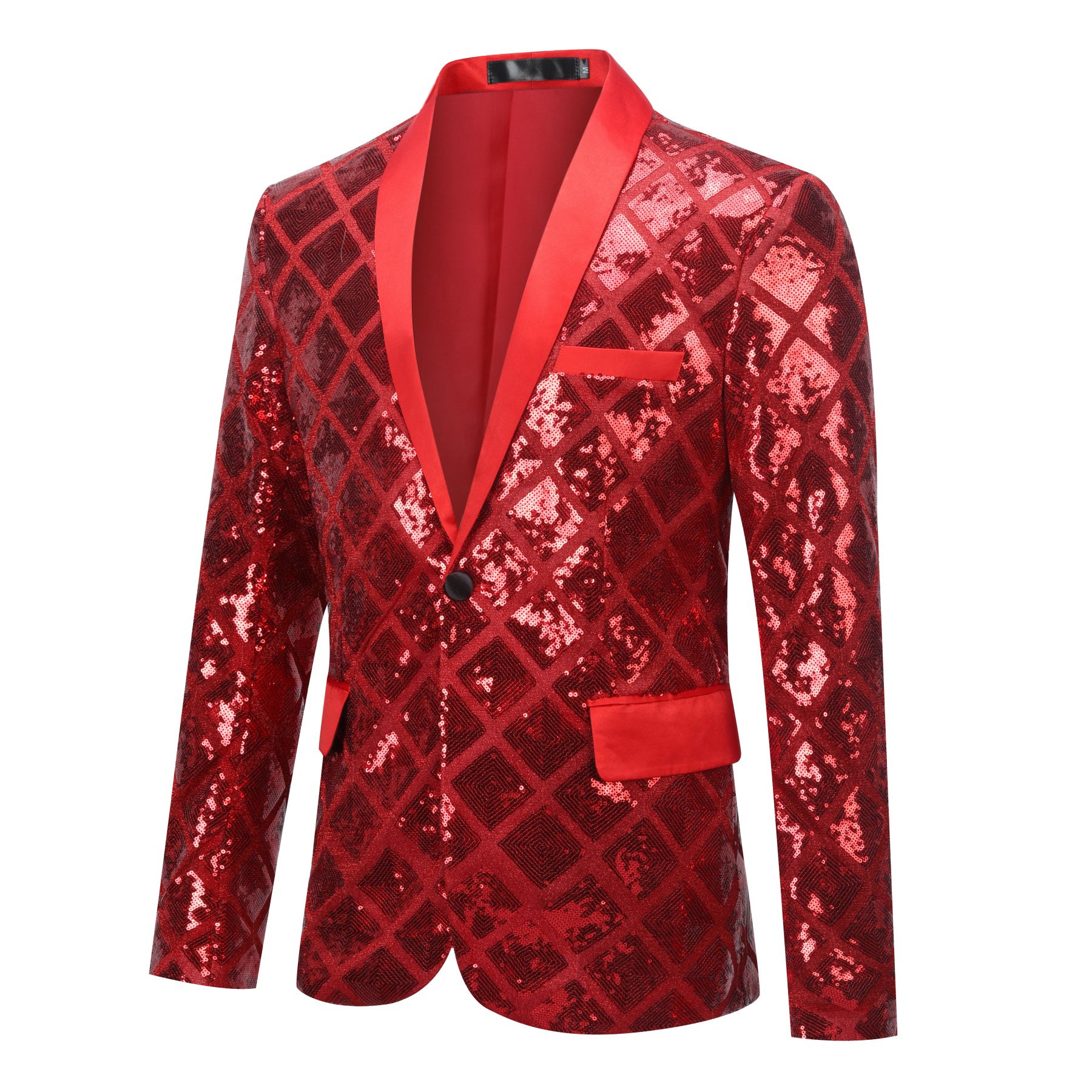 Red # Men's one-button plaid sequin blazer, slim fit shimmer suit jacket with notched lapel and classic plaid sequin pattern, shiny red blazer for party, stage performance, prom, wedding and club events, isolated on white background.