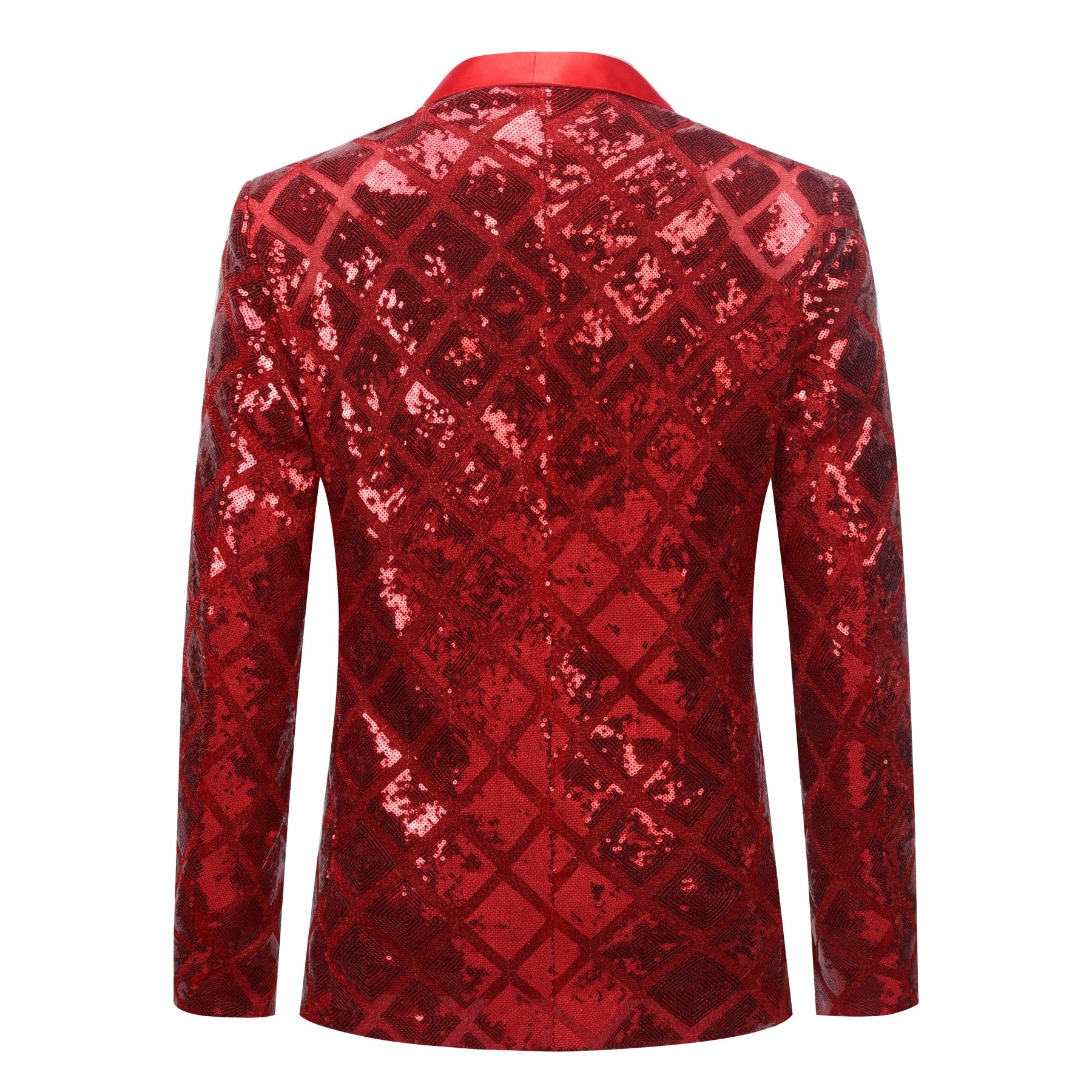Red # Men's one-button plaid sequin blazer, slim fit shimmer suit jacket with notched lapel and classic plaid sequin pattern, shiny red blazer for party, stage performance, prom, wedding and club events, isolated on white background.