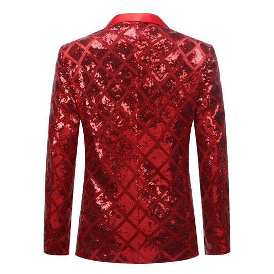 Red # Men's one-button plaid sequin blazer, slim fit shimmer suit jacket with notched lapel and classic plaid sequin pattern, shiny red blazer for party, stage performance, prom, wedding and club events, isolated on white background.