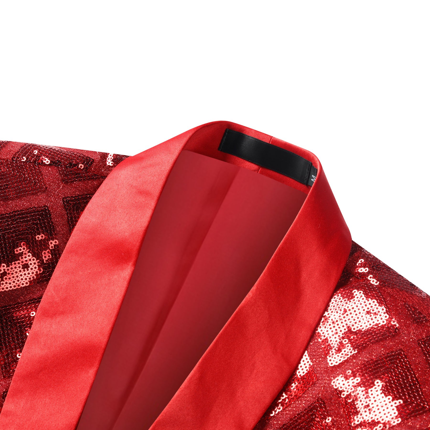 Red # Men's one-button plaid sequin blazer, slim fit shimmer suit jacket with notched lapel and classic plaid sequin pattern, shiny red blazer for party, stage performance, prom, wedding and club events, isolated on white background.