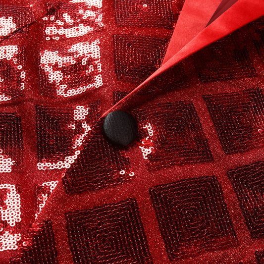 Red # Men's one-button plaid sequin blazer, slim fit shimmer suit jacket with notched lapel and classic plaid sequin pattern, shiny red blazer for party, stage performance, prom, wedding and club events, isolated on white background.