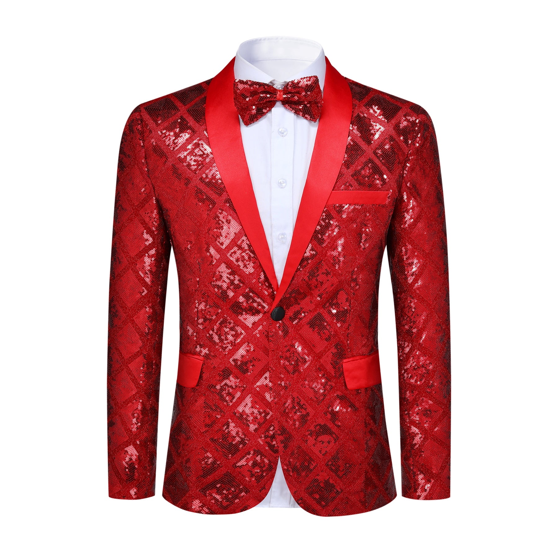 Red # Men's one-button plaid sequin blazer, slim fit shimmer suit jacket with notched lapel and classic plaid sequin pattern, shiny red blazer for party, stage performance, prom, wedding and club events, isolated on white background.