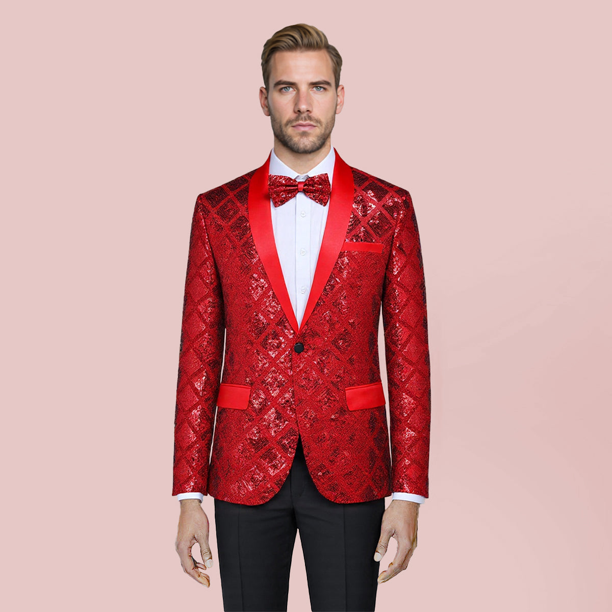 Red # Men's one-button plaid sequin blazer, slim fit shimmer suit jacket with notched lapel and classic plaid sequin pattern, shiny red blazer for party, stage performance, prom, wedding and club events, isolated on white background.