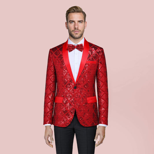 Red # Men's one-button plaid sequin blazer, slim fit shimmer suit jacket with notched lapel and classic plaid sequin pattern, shiny red blazer for party, stage performance, prom, wedding and club events, isolated on white background.