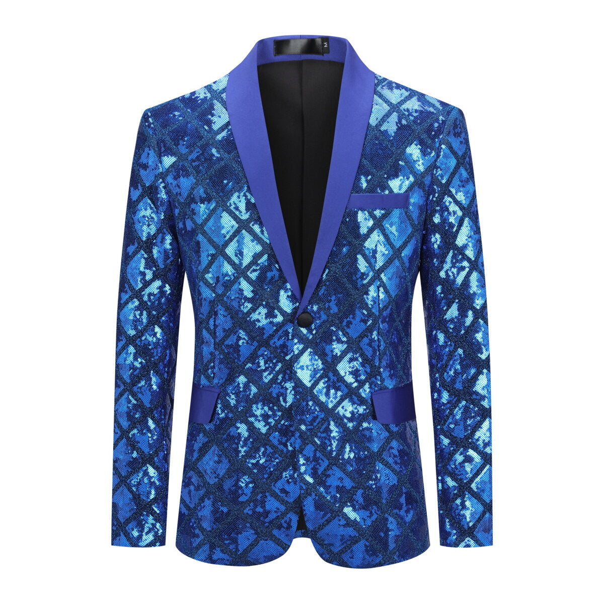 Blue # Men's slim fit one-button plaid sequin blazer with notched lapel, blue checkered sparkle suit jacket with unique sequin pattern and 3D tailored fit for party, prom, wedding and stage performance, isolated on white background.