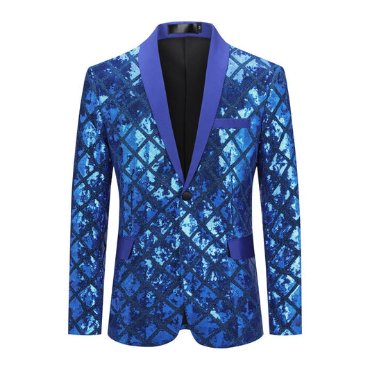 Blue # Men's slim fit one-button plaid sequin blazer with notched lapel, blue checkered sparkle suit jacket with unique sequin pattern and 3D tailored fit for party, prom, wedding and stage performance, isolated on white background.