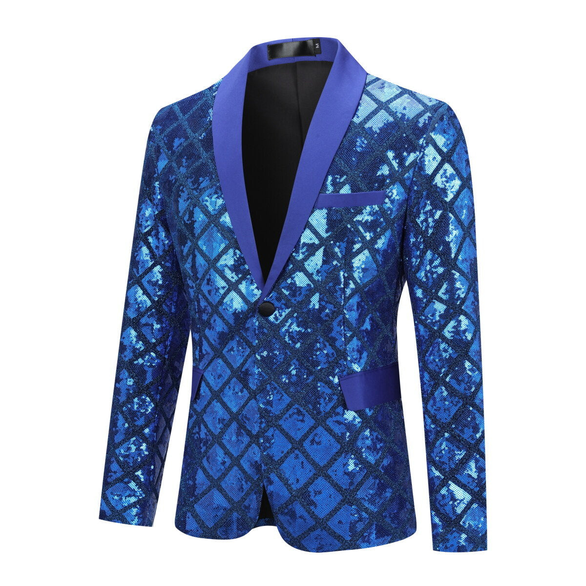 Blue # Men's slim fit one-button plaid sequin blazer with notched lapel, blue checkered sparkle suit jacket with unique sequin pattern and 3D tailored fit for party, prom, wedding and stage performance, isolated on white background.
