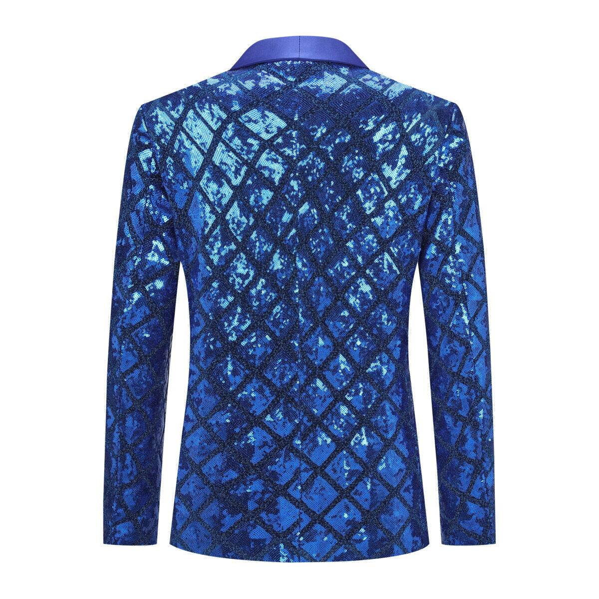 Blue # Men's slim fit one-button plaid sequin blazer with notched lapel, blue checkered sparkle suit jacket with unique sequin pattern and 3D tailored fit for party, prom, wedding and stage performance, isolated on white background.
