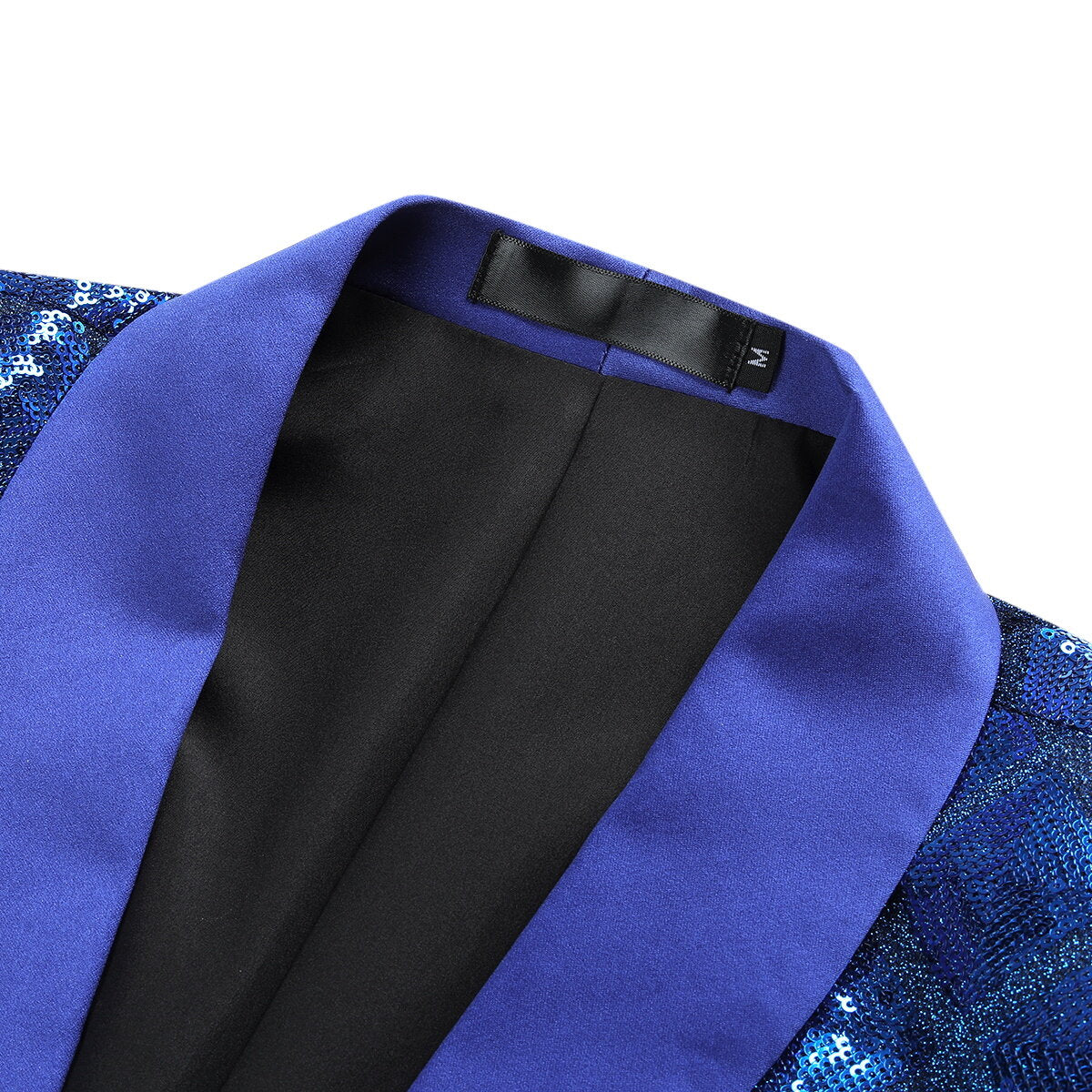 Blue # Men's slim fit one-button plaid sequin blazer with notched lapel, blue checkered sparkle suit jacket with unique sequin pattern and 3D tailored fit for party, prom, wedding and stage performance, isolated on white background.