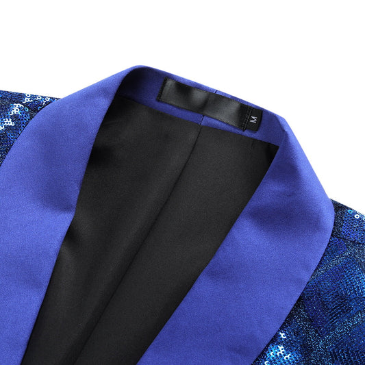Blue # Men's slim fit one-button plaid sequin blazer with notched lapel, blue checkered sparkle suit jacket with unique sequin pattern and 3D tailored fit for party, prom, wedding and stage performance, isolated on white background.