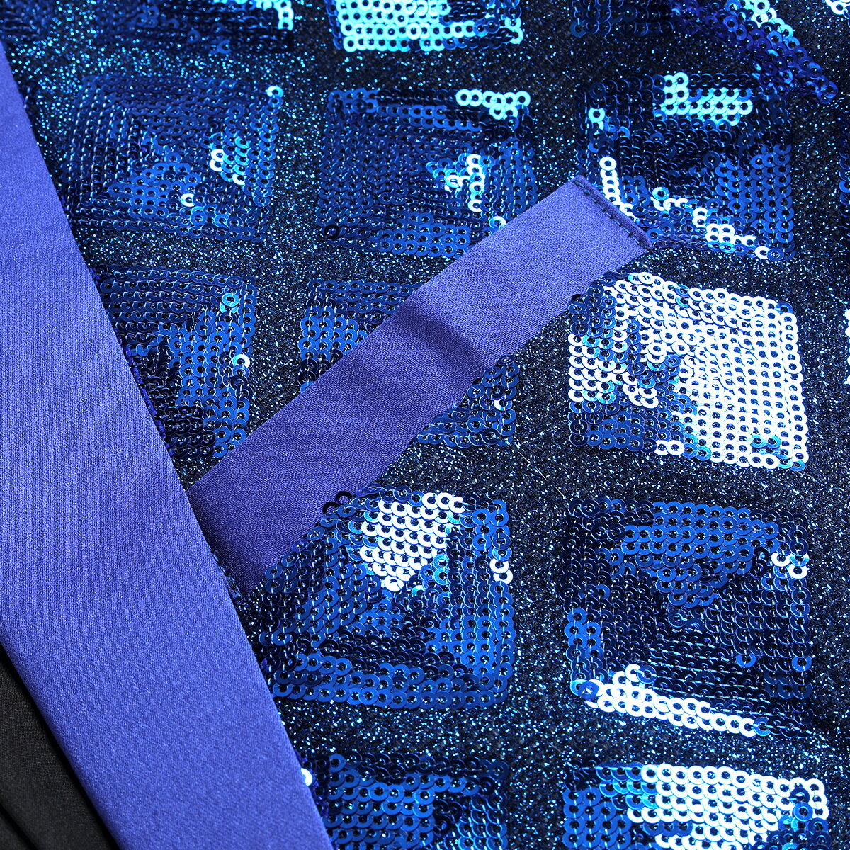 Blue # Men's slim fit one-button plaid sequin blazer with notched lapel, blue checkered sparkle suit jacket with unique sequin pattern and 3D tailored fit for party, prom, wedding and stage performance, isolated on white background.