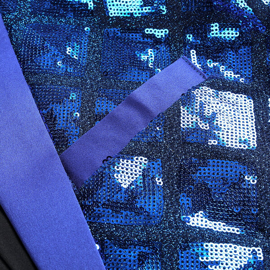 Blue # Men's slim fit one-button plaid sequin blazer with notched lapel, blue checkered sparkle suit jacket with unique sequin pattern and 3D tailored fit for party, prom, wedding and stage performance, isolated on white background.