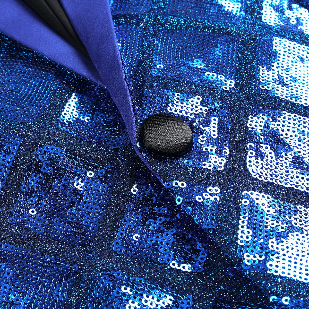 Blue # Men's slim fit one-button plaid sequin blazer with notched lapel, blue checkered sparkle suit jacket with unique sequin pattern and 3D tailored fit for party, prom, wedding and stage performance, isolated on white background.