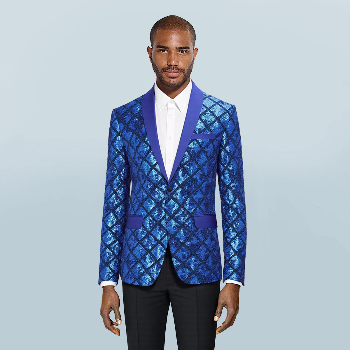 Blue # Men's slim fit one-button plaid sequin blazer with notched lapel, blue checkered sparkle suit jacket with unique sequin pattern and 3D tailored fit for party, prom, wedding and stage performance, isolated on white background.