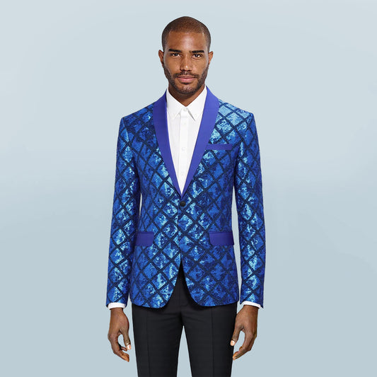Blue # Men's slim fit one-button plaid sequin blazer with notched lapel, blue checkered sparkle suit jacket with unique sequin pattern and 3D tailored fit for party, prom, wedding and stage performance, isolated on white background.