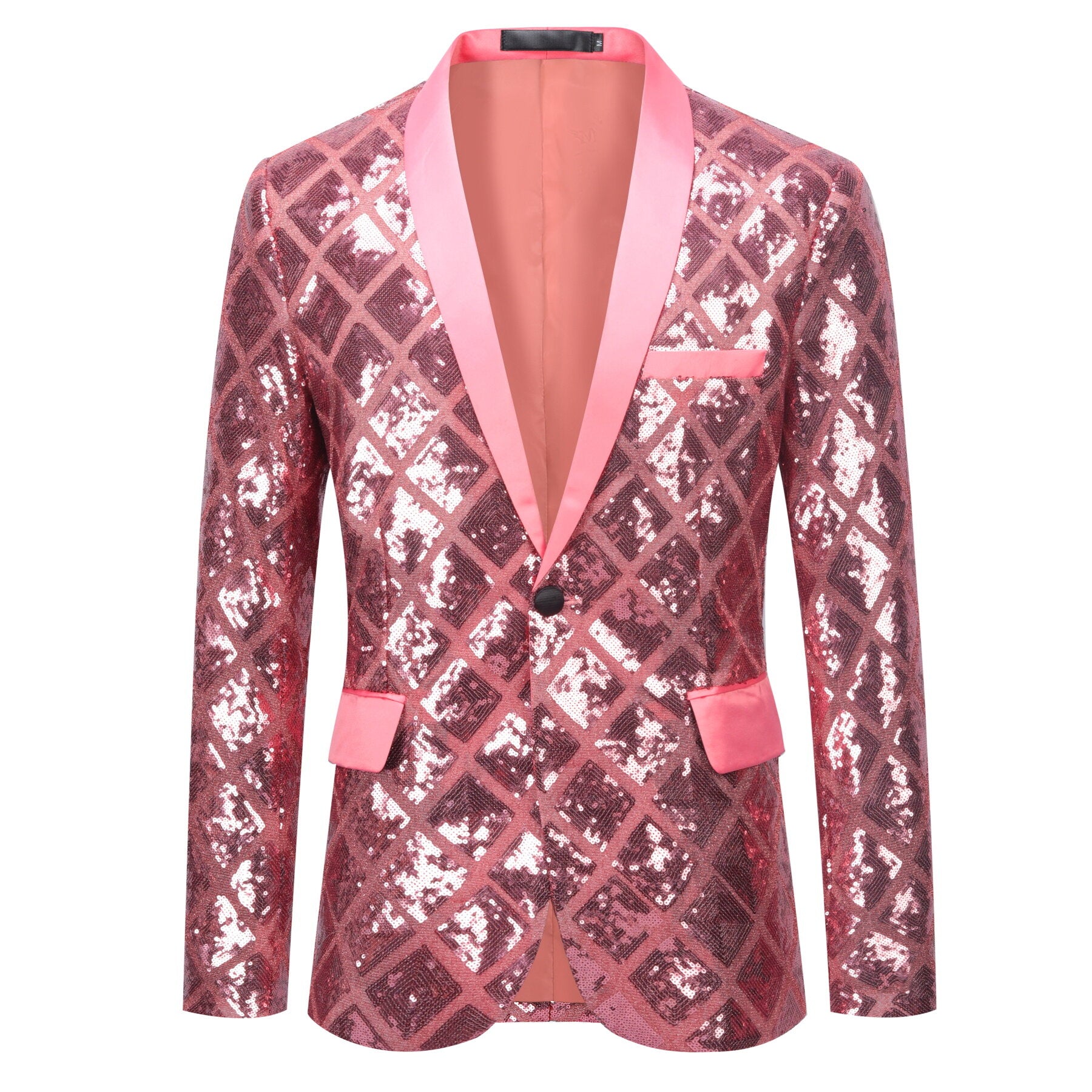 Pink # Men's one-button plaid sequin blazer with notched lapel and slim fit, pink sparkle suit jacket with unique sequin pattern and 3D tailored fit for party, prom, wedding and stage performance, isolated on white background.