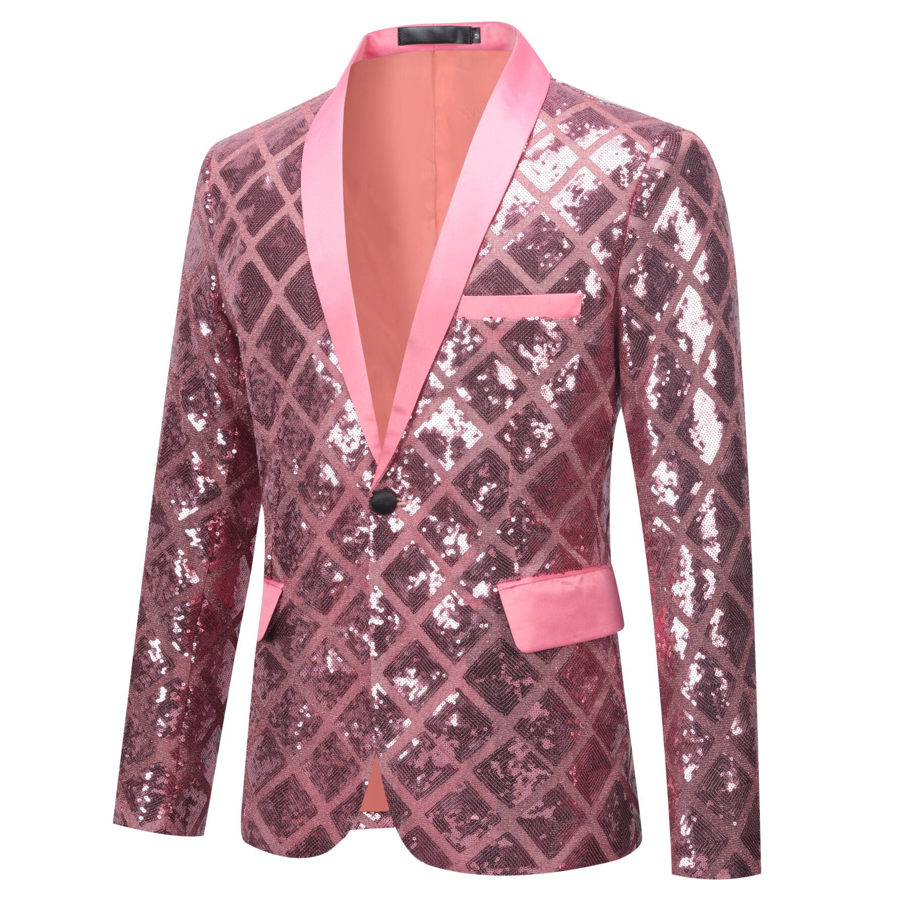 Pink # Men's one-button plaid sequin blazer with notched lapel and slim fit, pink sparkle suit jacket with unique sequin pattern and 3D tailored fit for party, prom, wedding and stage performance, isolated on white background.