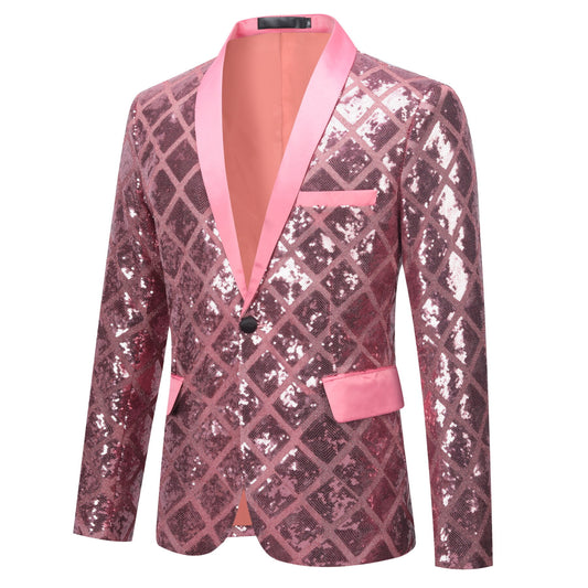 Pink # Men's one-button plaid sequin blazer with notched lapel and slim fit, pink sparkle suit jacket with unique sequin pattern and 3D tailored fit for party, prom, wedding and stage performance, isolated on white background.