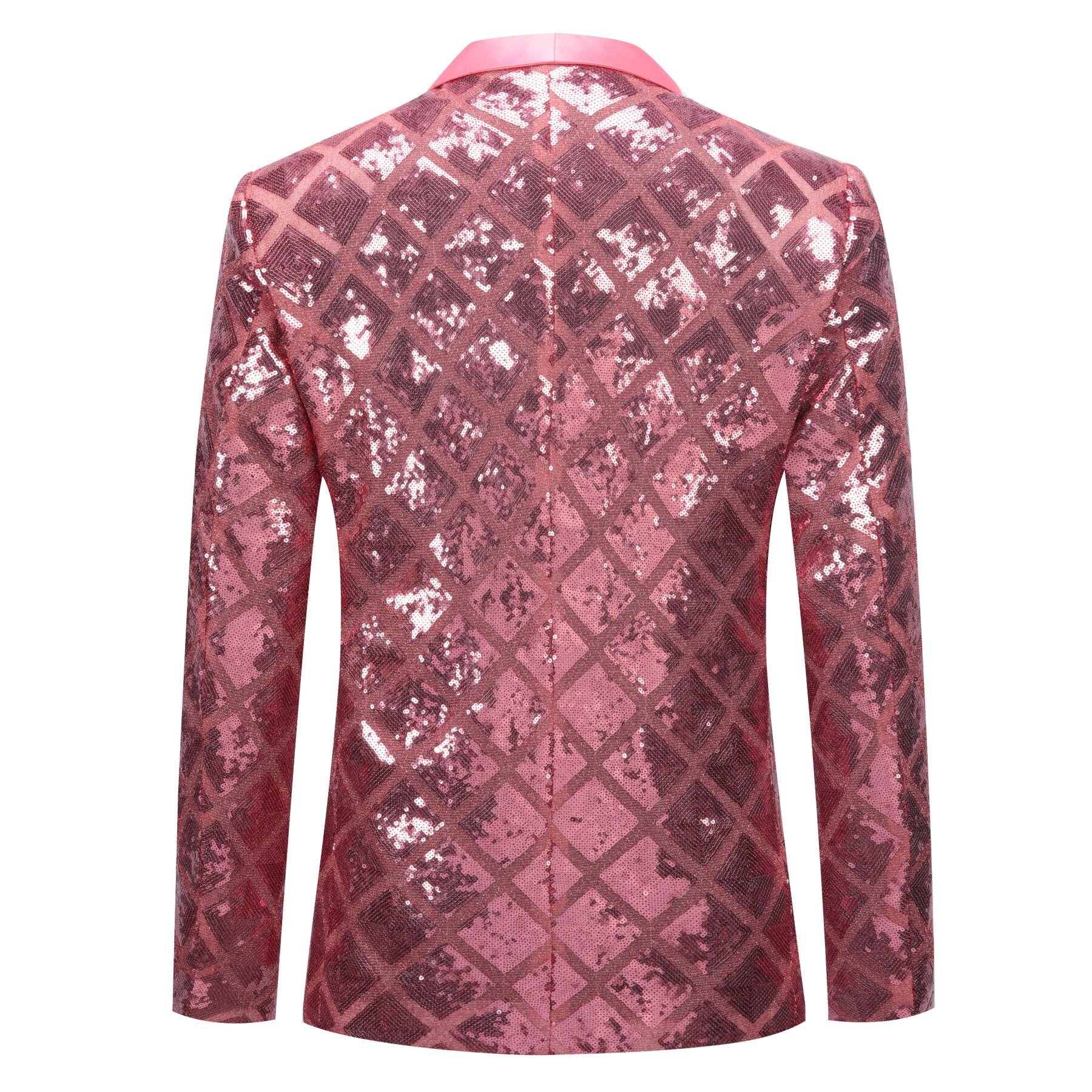 Pink # Men's one-button plaid sequin blazer with notched lapel and slim fit, pink sparkle suit jacket with unique sequin pattern and 3D tailored fit for party, prom, wedding and stage performance, isolated on white background.