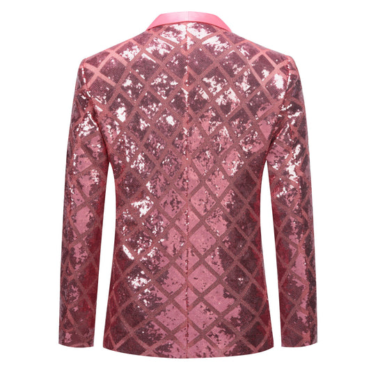 Pink # Men's one-button plaid sequin blazer with notched lapel and slim fit, pink sparkle suit jacket with unique sequin pattern and 3D tailored fit for party, prom, wedding and stage performance, isolated on white background.