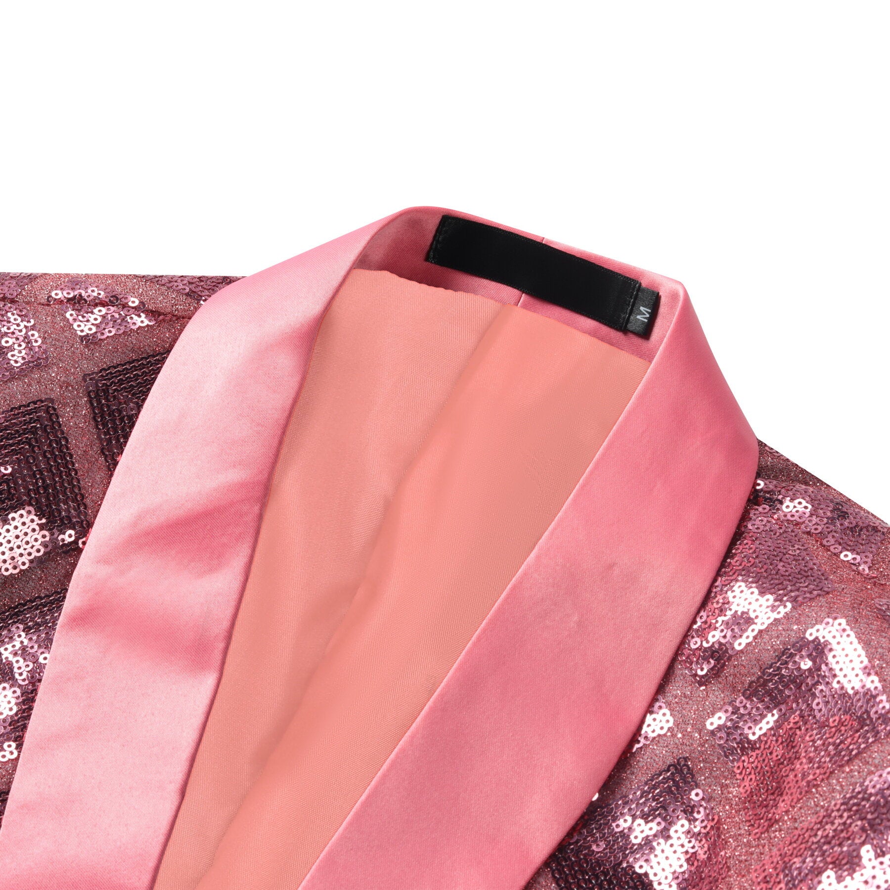 Pink # Men's one-button plaid sequin blazer with notched lapel and slim fit, pink sparkle suit jacket with unique sequin pattern and 3D tailored fit for party, prom, wedding and stage performance, isolated on white background.