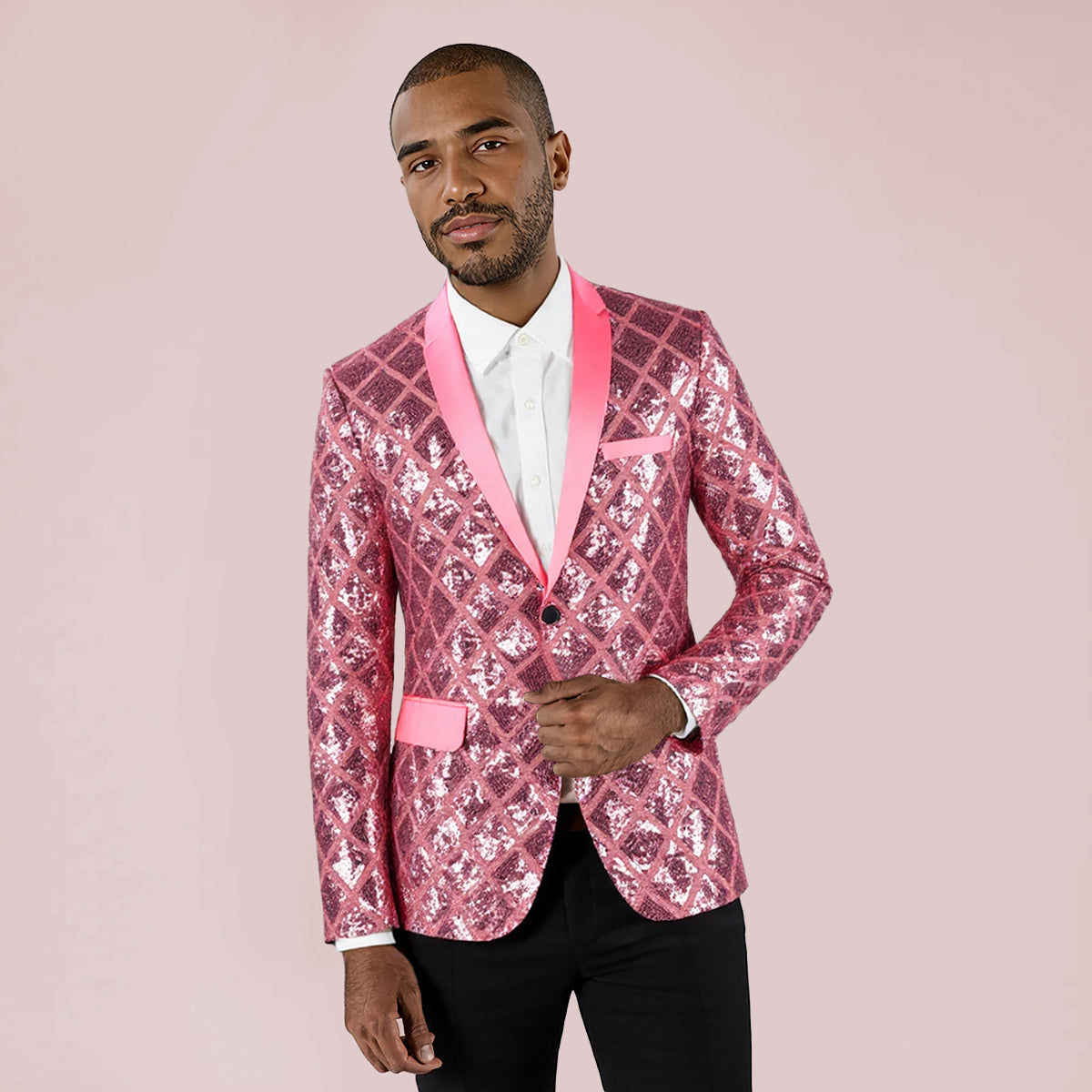 Pink # Men's one-button plaid sequin blazer with notched lapel and slim fit, pink sparkle suit jacket with unique sequin pattern and 3D tailored fit for party, prom, wedding and stage performance, isolated on white background.