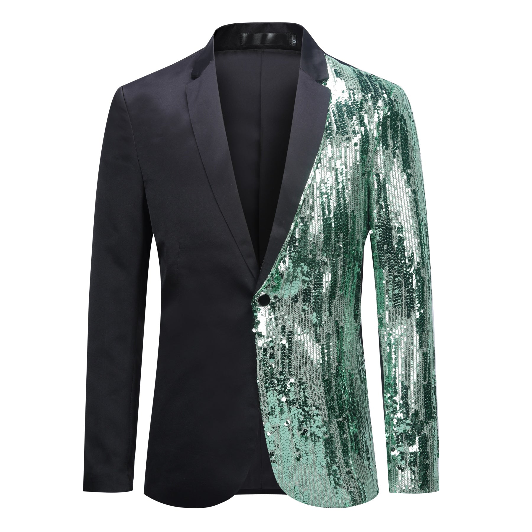 Green # Men's slim fit half-sequin blazer with notched lapel and single-button closure, green sparkle suit jacket with unique sequin pattern and 3D tailored fit for party, prom, wedding and stage performance, isolated on white background.