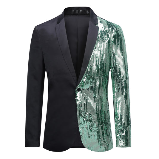 Green # Men's slim fit half-sequin blazer with notched lapel and single-button closure, green sparkle suit jacket with unique sequin pattern and 3D tailored fit for party, prom, wedding and stage performance, isolated on white background.