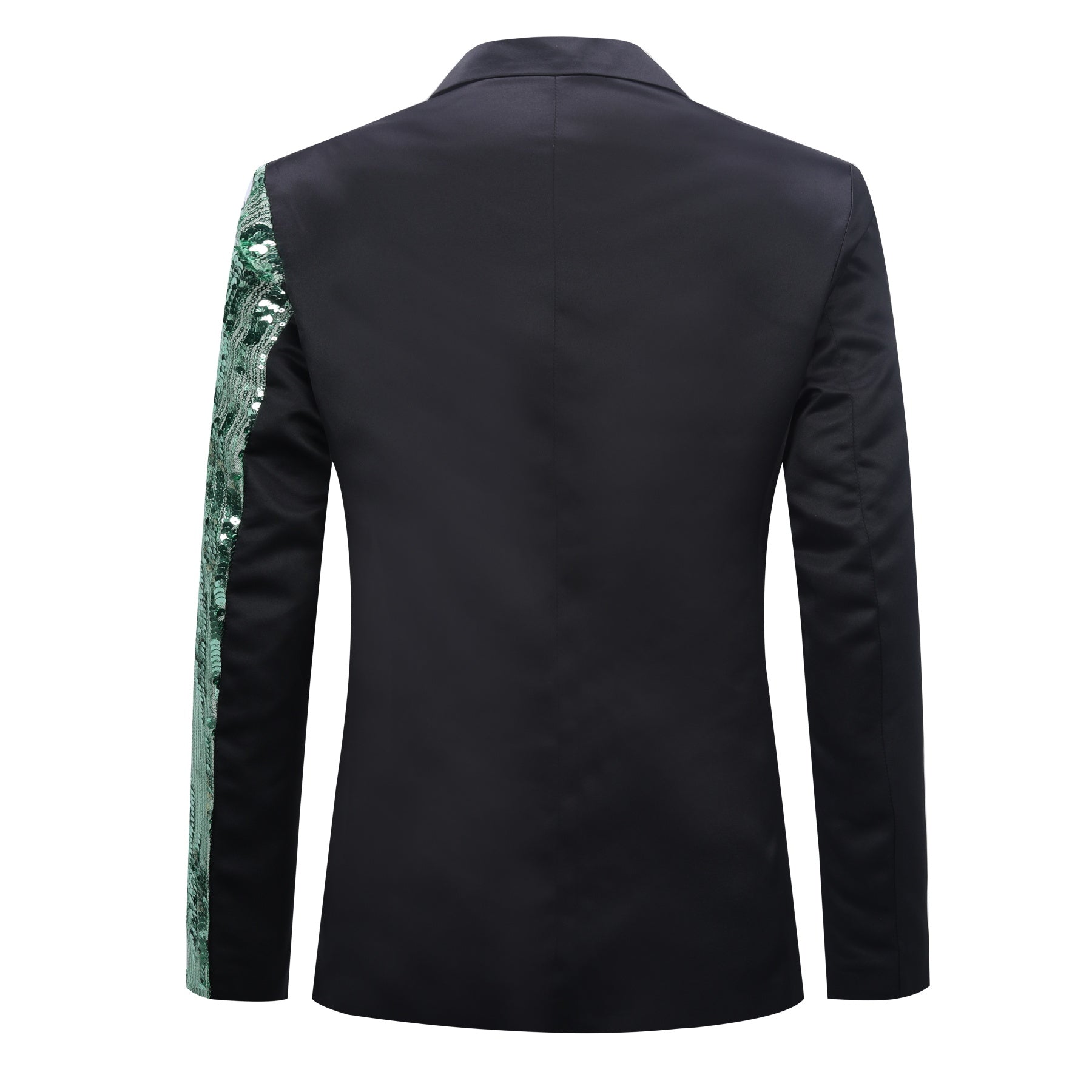 Green # Men's slim fit half-sequin blazer with notched lapel and single-button closure, green sparkle suit jacket with unique sequin pattern and 3D tailored fit for party, prom, wedding and stage performance, isolated on white background.