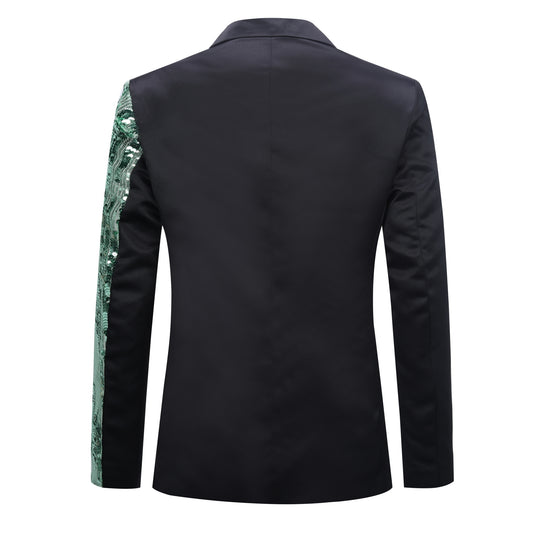 Green # Men's slim fit half-sequin blazer with notched lapel and single-button closure, green sparkle suit jacket with unique sequin pattern and 3D tailored fit for party, prom, wedding and stage performance, isolated on white background.