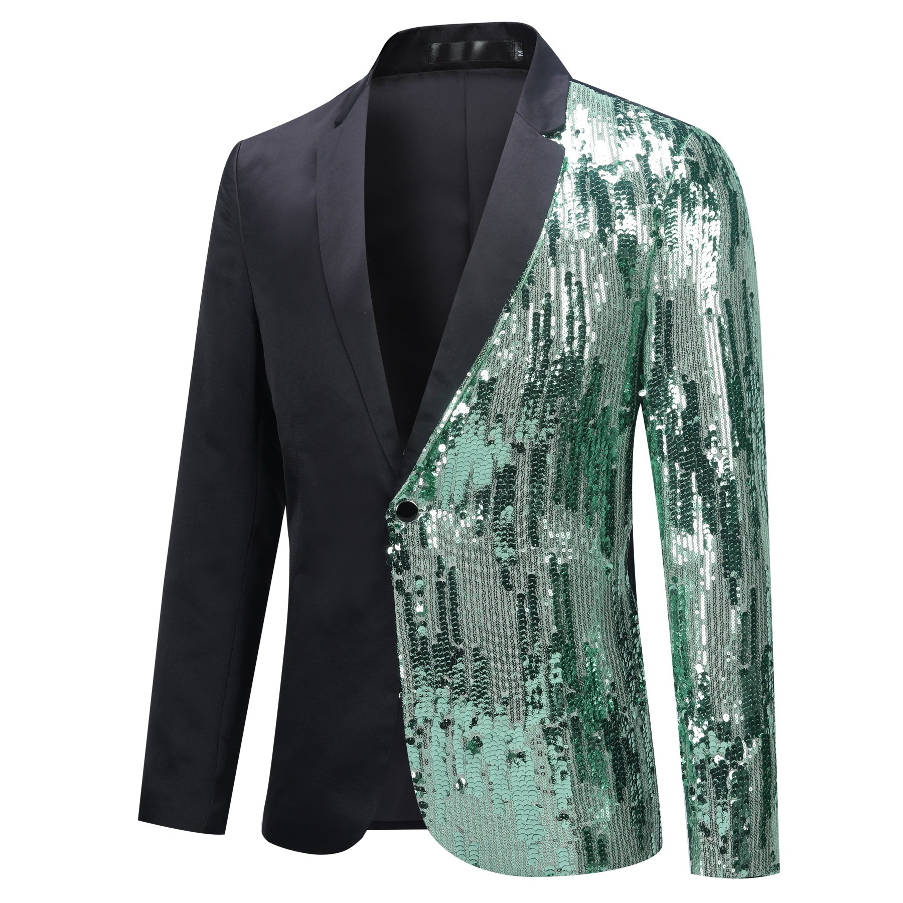 Green # Men's slim fit half-sequin blazer with notched lapel and single-button closure, green sparkle suit jacket with unique sequin pattern and 3D tailored fit for party, prom, wedding and stage performance, isolated on white background.