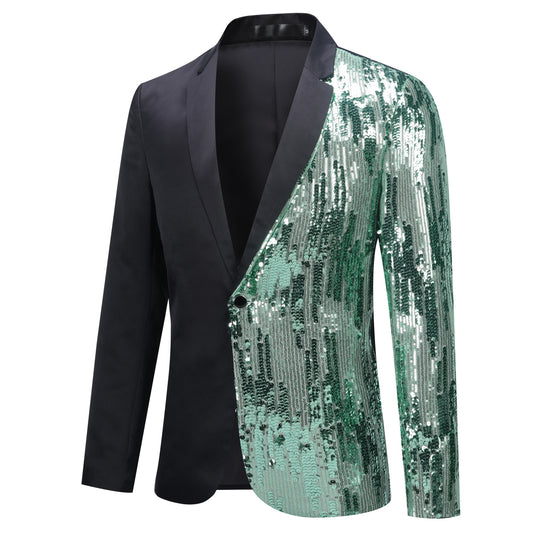 Green # Men's slim fit half-sequin blazer with notched lapel and single-button closure, green sparkle suit jacket with unique sequin pattern and 3D tailored fit for party, prom, wedding and stage performance, isolated on white background.