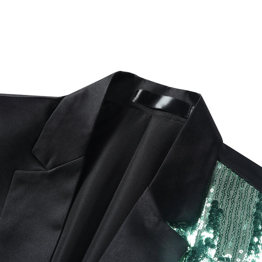 Green # Men's slim fit half-sequin blazer with notched lapel and single-button closure, green sparkle suit jacket with unique sequin pattern and 3D tailored fit for party, prom, wedding and stage performance, isolated on white background.