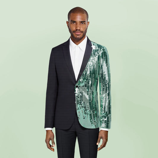 Green # Men's slim fit half-sequin blazer with notched lapel and single-button closure, green sparkle suit jacket with unique sequin pattern and 3D tailored fit for party, prom, wedding and stage performance, isolated on white background.