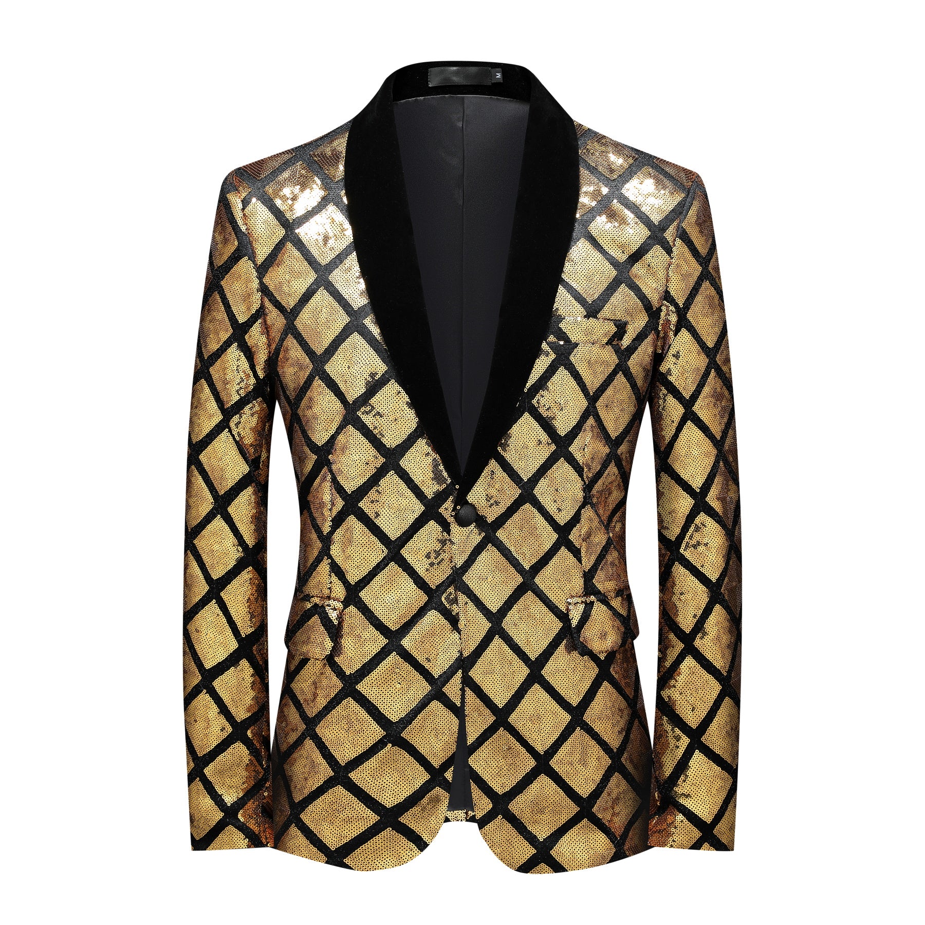 Gold # Men's slim fit gold glitter checkered blazer with one-button notched lapel and single-breasted closure, shiny sequin sport coat jacket with eye-catching check pattern for party, wedding, prom, stage performance and special occasions, isolated on white background.