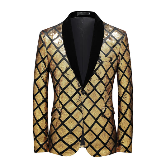 Gold # Men's slim fit gold glitter checkered blazer with one-button notched lapel and single-breasted closure, shiny sequin sport coat jacket with eye-catching check pattern for party, wedding, prom, stage performance and special occasions, isolated on white background.