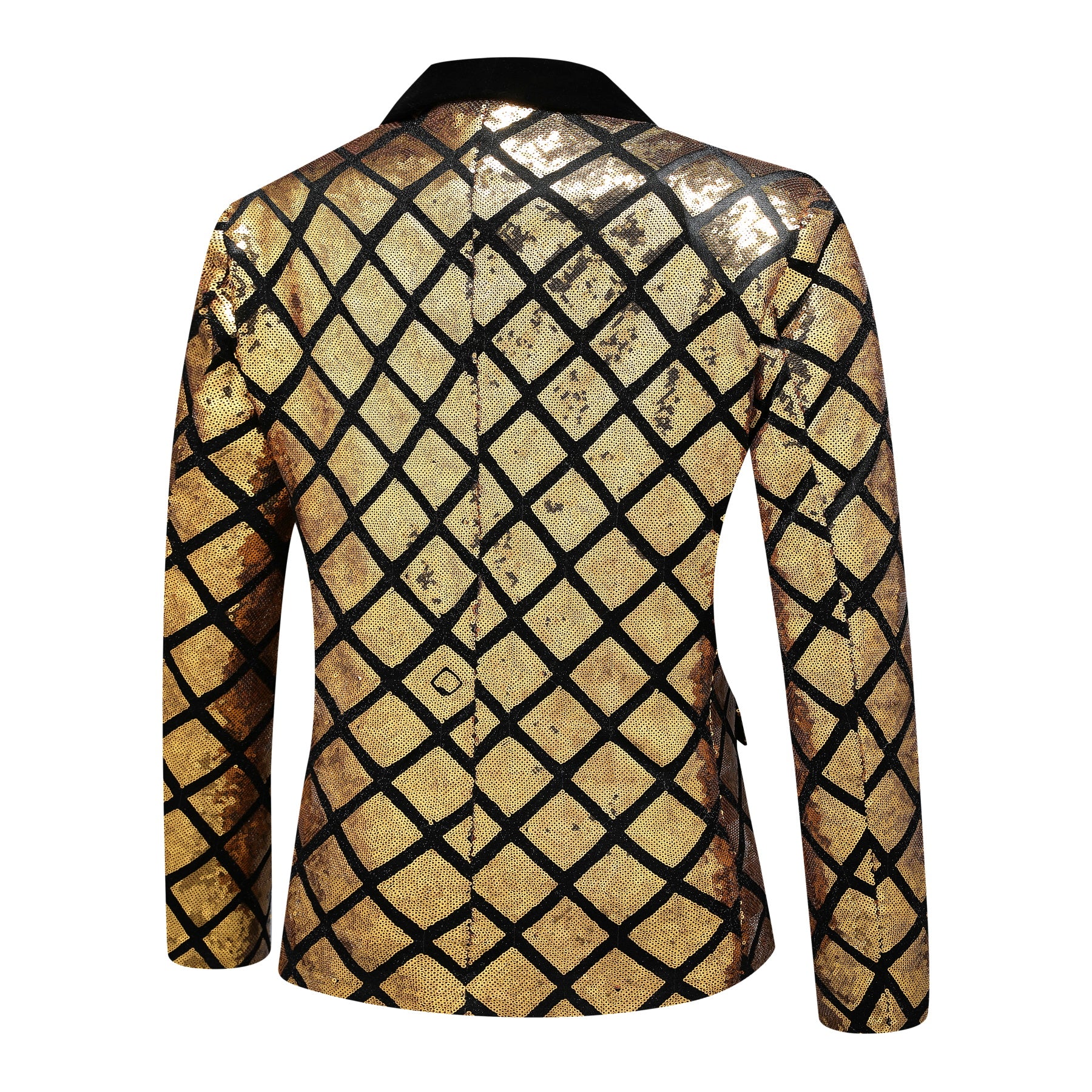 Gold # Men's slim fit gold glitter checkered blazer with one-button notched lapel and single-breasted closure, shiny sequin sport coat jacket with eye-catching check pattern for party, wedding, prom, stage performance and special occasions, isolated on white background.